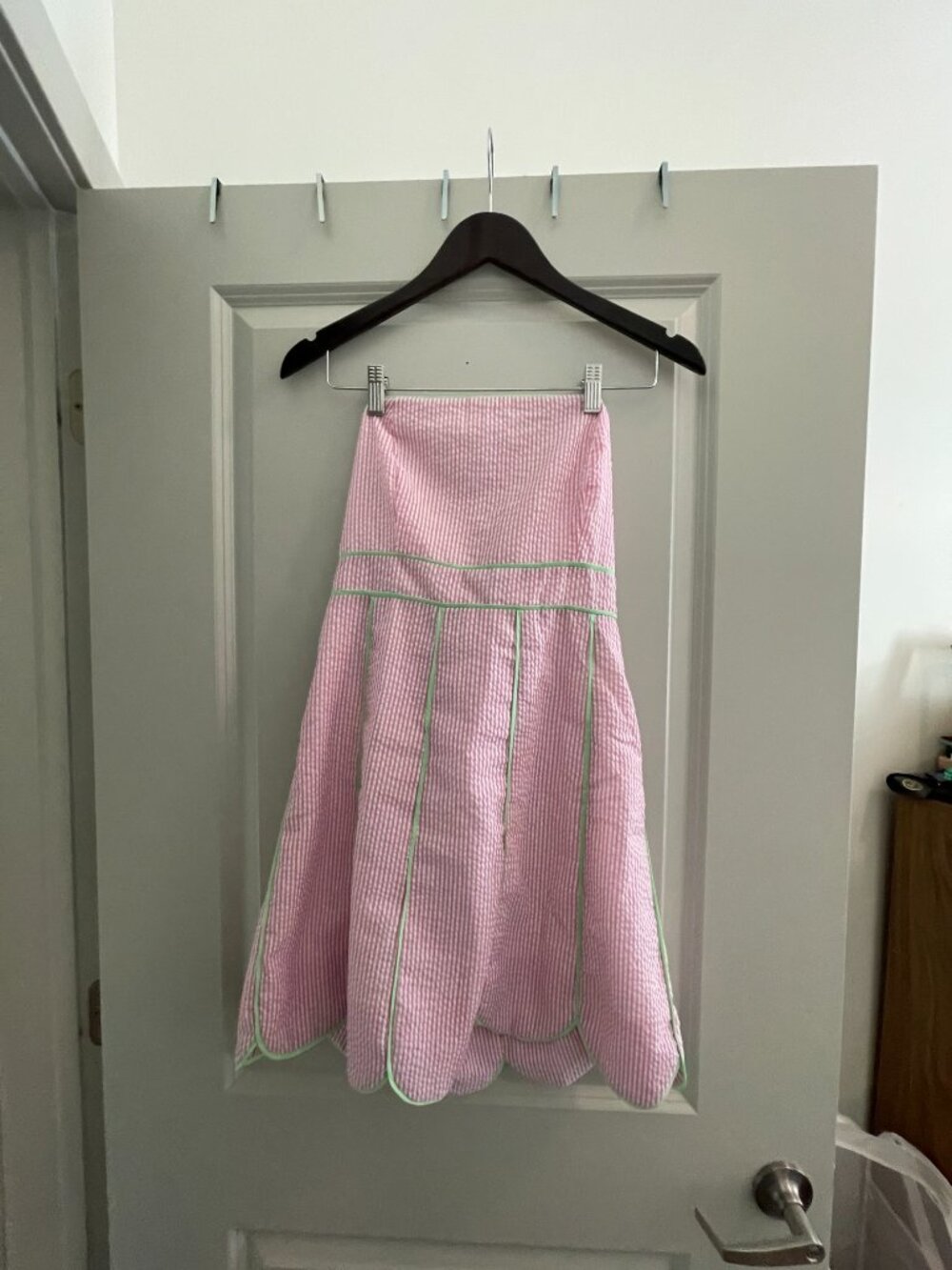 Strapless Pink Seersucker Scalloped Mini Dress - Picture 9 of 10